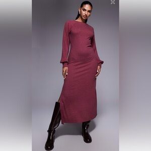 ASOS design ribbed long sleeve balloon sleeve maxi dress in burgundy